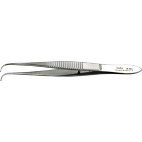 MILTEX Eye Dressing Forceps, 3-3/4" (95mm), delicate pattern, full curved, 0.55mm wide serrated tips. MPN: 18-783