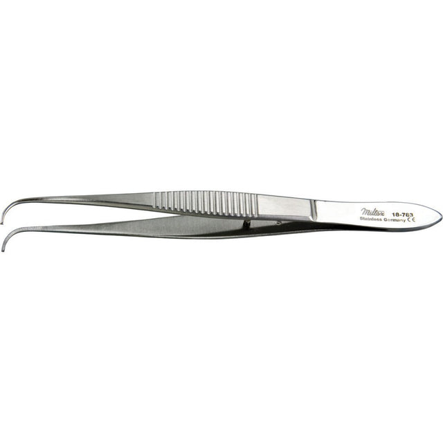 MILTEX Eye Dressing Forceps, 3-3/4" (95mm), delicate pattern, full curved, 0.55mm wide serrated tips. MPN: 18-783