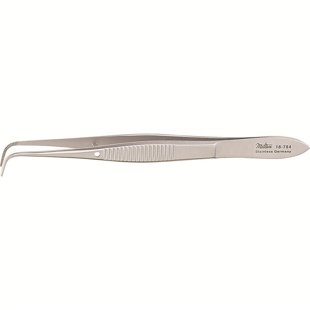 MILTEX Eye Dressing Forceps, 3-7/8" (97mm), standard pattern, full curved, 0.8mm wide serrated tips. MPN: 18-784