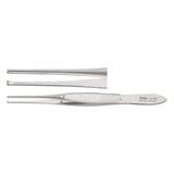 MILTEX Iris Tissue Forceps, 4" (100mm), standard pattern, straight, 1 X 2 teeth, 0.8mm wide tips, non-magnetic. MPN: 18-787