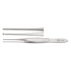 MILTEX Iris Tissue Forceps, 4" (100mm), standard pattern, straight, 1 X 2 teeth, 0.8mm wide tips, non-magnetic. MPN: 18-787