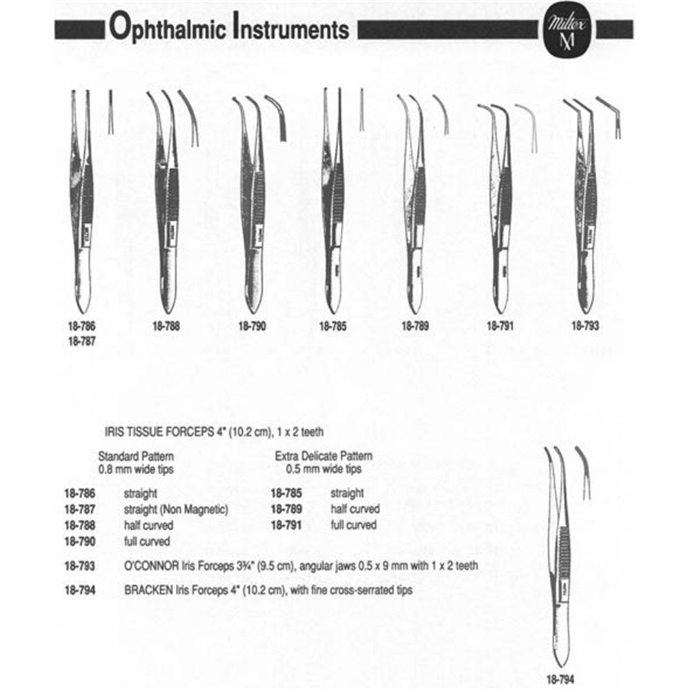 MILTEX Iris Tissue Forceps, 4" (100mm), standard pattern, straight, 1 X 2 teeth, 0.8mm wide tips, non-magnetic. MPN: 18-787 - Image 3