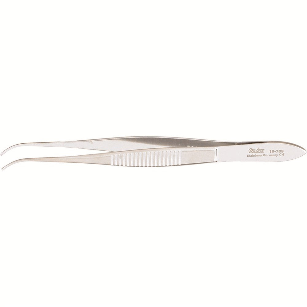 MILTEX Iris Tissue Forceps, 3-7/8" (99mm), delicate pattern, half curved, 1 X 2 teeth, 0.6mm wide tips. MPN: 18-789