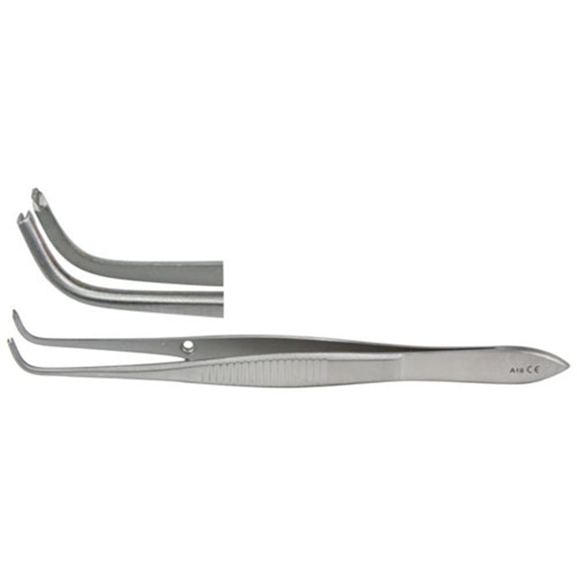 MILTEX Iris Tissue Forceps, 3-7/8" (97mm), standard pattern, full curved, 1 X 2 teeth, 0.8mm wide tips. MPN: 18-790