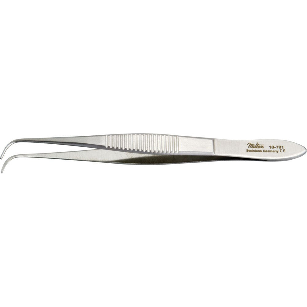 MILTEX Iris Tissue Forceps, 3-3/4" (95mm), delicate pattern, full curved, 1 X 2 teeth, 0.6mm wide tips. MPN: 18-791