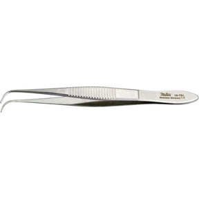 MILTEX Iris Tissue Forceps, 3-3/4" (95mm), delicate pattern, full curved, 1 X 2 teeth, 0.6mm wide tips. MPN: 18-791