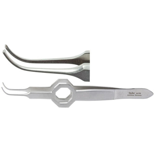 MILTEX FOERSTER Iris Tissue Forceps, 3-3/4" (95mm), octagonal grip, full curved, 1 X 2 teeth, 0.55mm wide. MPN: 18-798