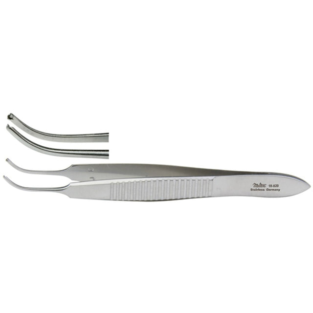 MILTEX VON GRAEFE Iris Forceps, 2-7/8" (72mm), curved, 1 X 2 teeth. MPN: 18-820