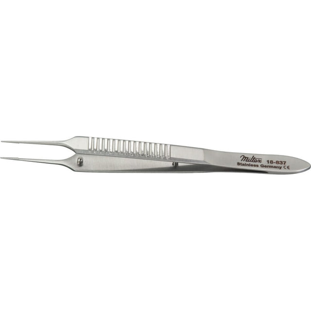 MILTEX MCPHERSON Micro Corneal Suturing Forceps, 3-1/2" (8.9 cm), straight, 1 X 2 teeth, 0.2 mm, tying platform. MPN: 18-837