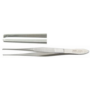 MILTEX O'BRIEN Fixation Forceps, 4" (10.2 cm), delicate, 1 X 2 teeth, 0.9 mm wide, angled forward. MPN: 18-904