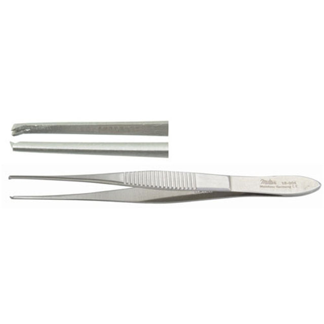 MILTEX O'BRIEN Fixation Forceps, 4" (10.2 cm), delicate, 1 X 2 teeth, 0.9 mm wide, angled forward. MPN: 18-904