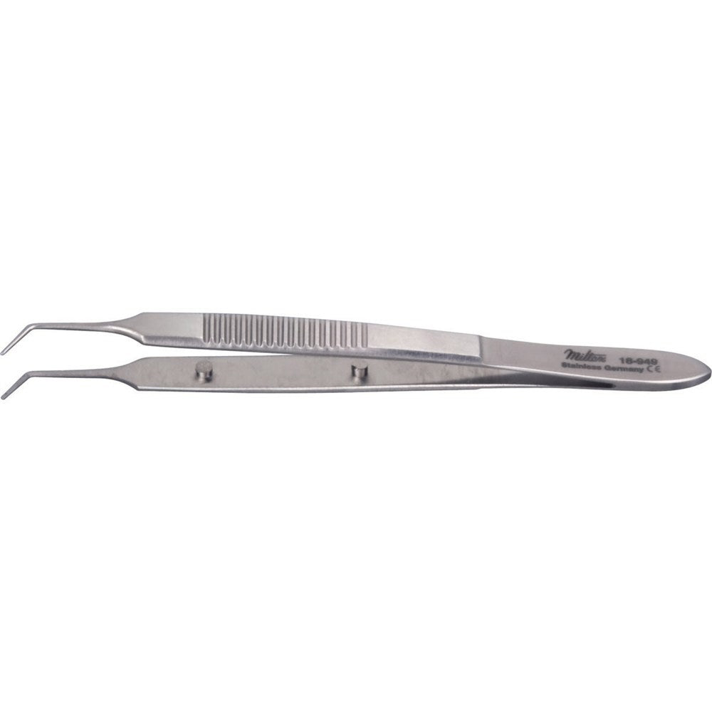 MILTEX MCPHERSON Micro Iris Suturing Forceps, 3-1/2" (8.9 cm), angled, smooth platform 0.3 X 5 mm, no teeth. MPN: 18-949