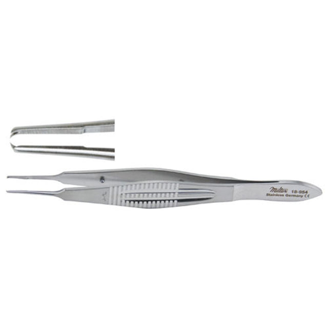 MILTEX CASTROVIEJO Suturing Forceps, 4-1/4" (107mm), 1x2 Teeth, 0.6mm Wide at Tip, with Tying Platform. MPN: 18-954