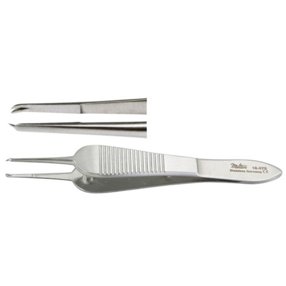 MILTEX MANHATTAN EYE & EAR Suturing Forceps, 3-1/2" (8.9 cm), smooth platform, 1 X 2 teeth, overlapping each other, 0.7 mm wide. MPN: 18-975