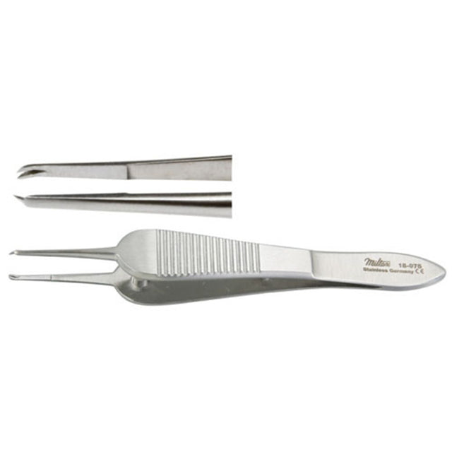 MILTEX MANHATTAN EYE & EAR Suturing Forceps, 3-1/2" (8.9 cm), smooth platform, 1 X 2 teeth, overlapping each other, 0.7 mm wide. MPN: 18-975
