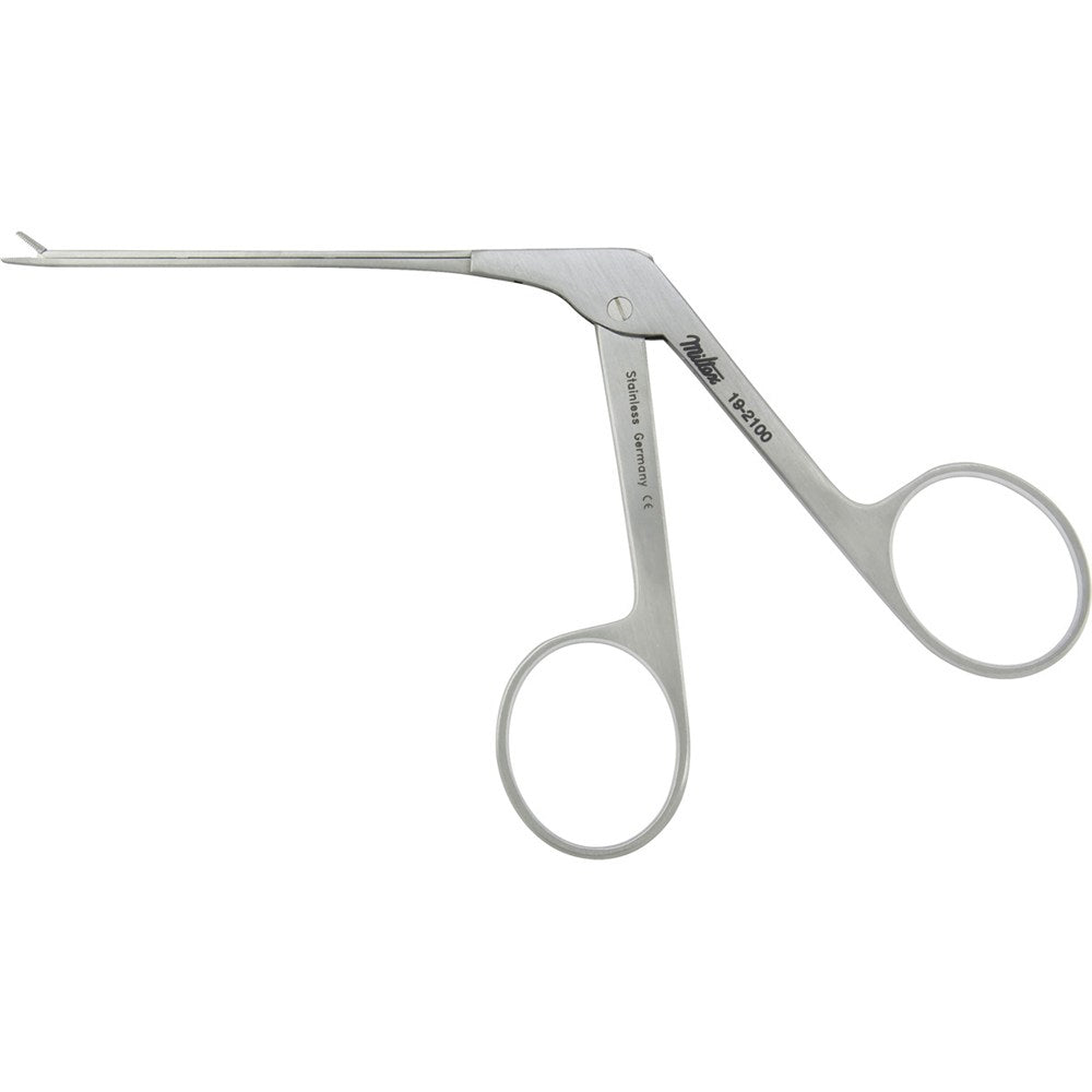 MILTEX Micro Ear Forceps, Alligator Type, 3-1/4" (8.3 cm) shaft, serrated jaws, 0.8 mm wide. MPN: 19-2100