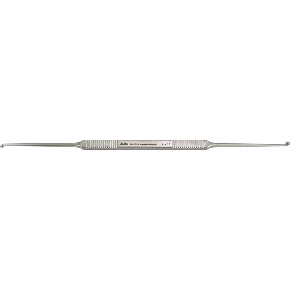 MILTEX HOUSE Curette, 7" (180mm), Strong Angle, Oval Cups, 2.25mm x 3mm and 2mm x 2.5mm. MPN: 19-2529