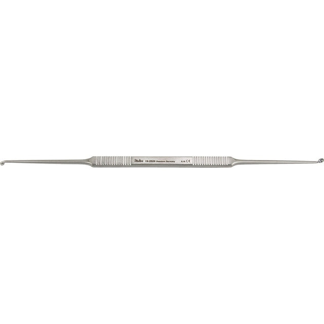 MILTEX HOUSE Curette, 7" (180mm), Strong Angle, Oval Cups, 2.25mm x 3mm and 2mm x 2.5mm. MPN: 19-2529