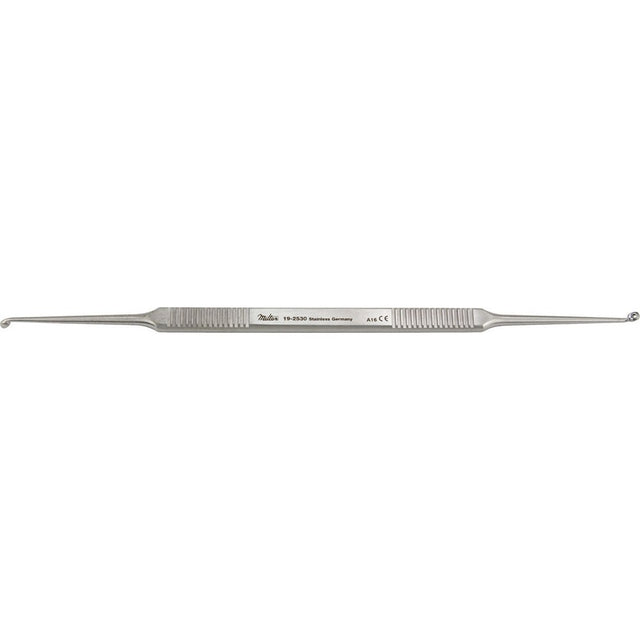 MILTEX HOUSE Curette, 6" (152mm), Strong Angle, Oval Cups, 2.25mm x 3mm and 2mm x 2.5mm. MPN: 19-2530