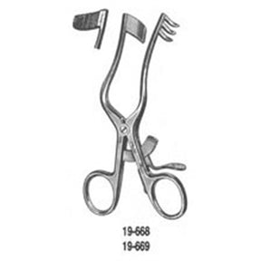 MILTEX PERKINS Endaural Retractor, 4-7/8" (125mm), Curved, Right Side serrated solid blade, Left Side 3 semi-sharp prongs. MPN: 19-669