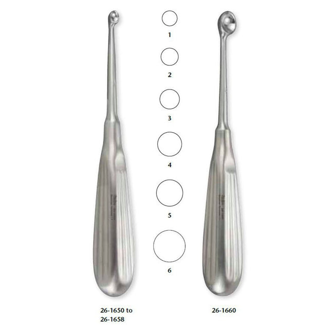 MILTEX BRUNS Bone Curette, 6-3/4" (169mm), Round Cup, 8.3mm Diameter, Size 2. MPN: 26-1652