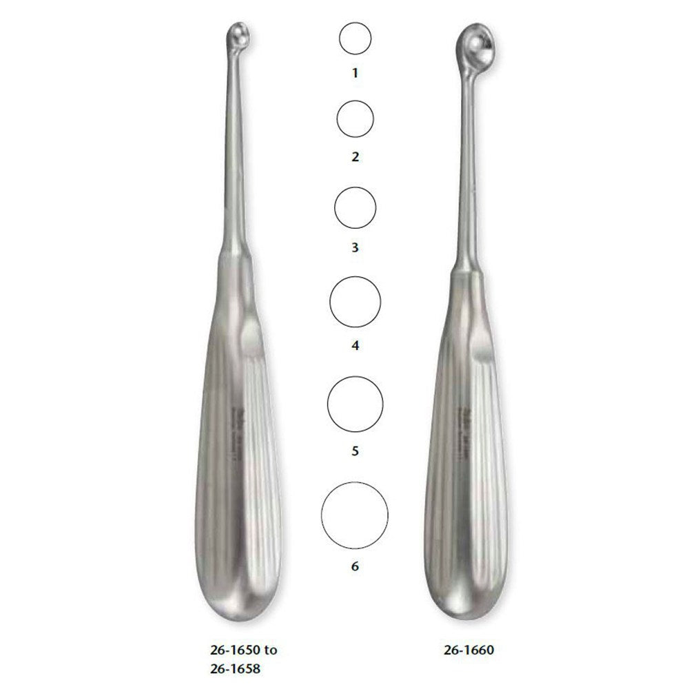 MILTEX BRUNS Bone Curette, 6-3/4" (169mm), Round Cup, 12.8mm Diameter, Size 5. MPN: 26-1658