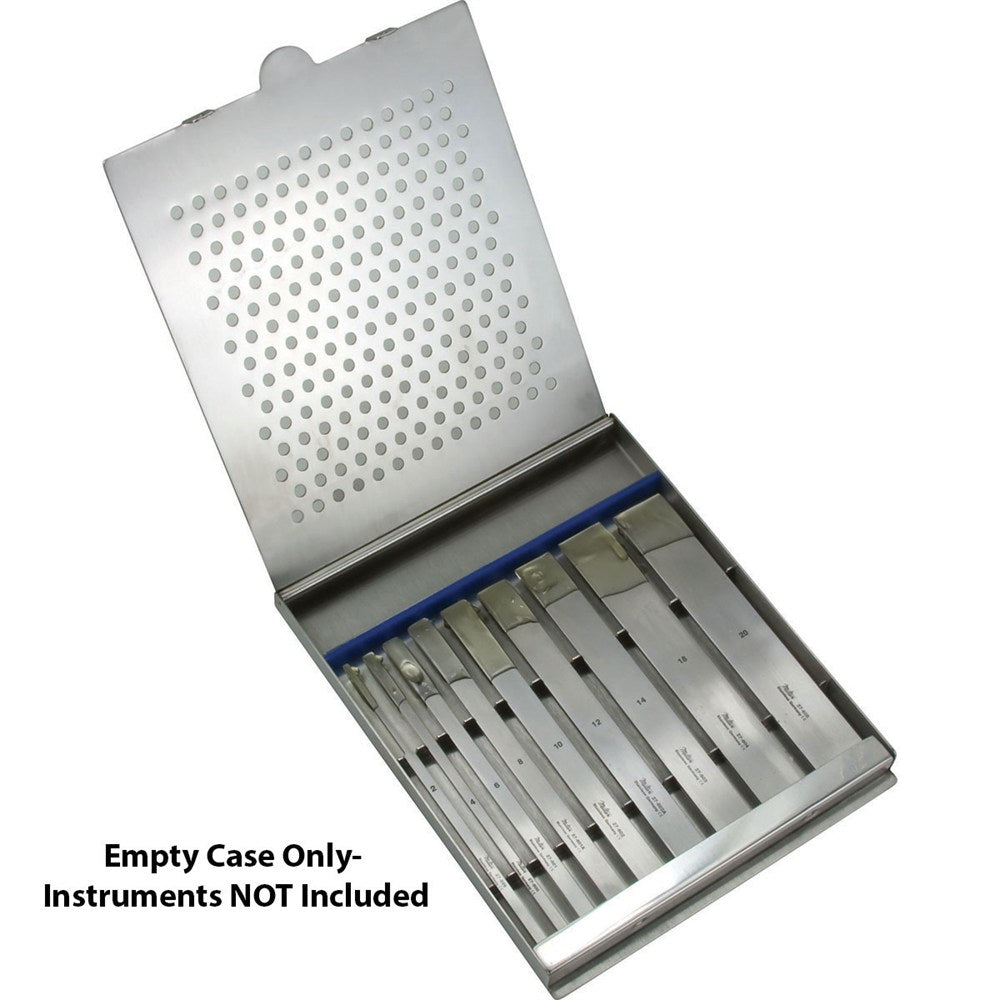 MILTEX Sterilizer-Storage Case, 5-1/2" X 6-1/2" (16.5 cm) x 1/2" (1.3 cm), fitted to hold 9 SWISS pattern Osteotomes 2 mm to 20 mm. MPN: 27-609