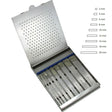 MILTEX Set of 9 SWISS Pattern Osteotomes 2 mm to 20 mm, complete in fitted sterilizer case. MPN: 27-610