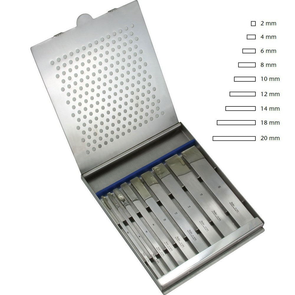 MILTEX Set of 9 SWISS Pattern Osteotomes 2 mm to 20 mm, complete in fitted sterilizer case. MPN: 27-610