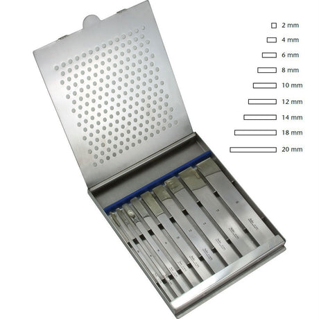 MILTEX Set of 9 SWISS Pattern Osteotomes 2 mm to 20 mm, complete in fitted sterilizer case. MPN: 27-610