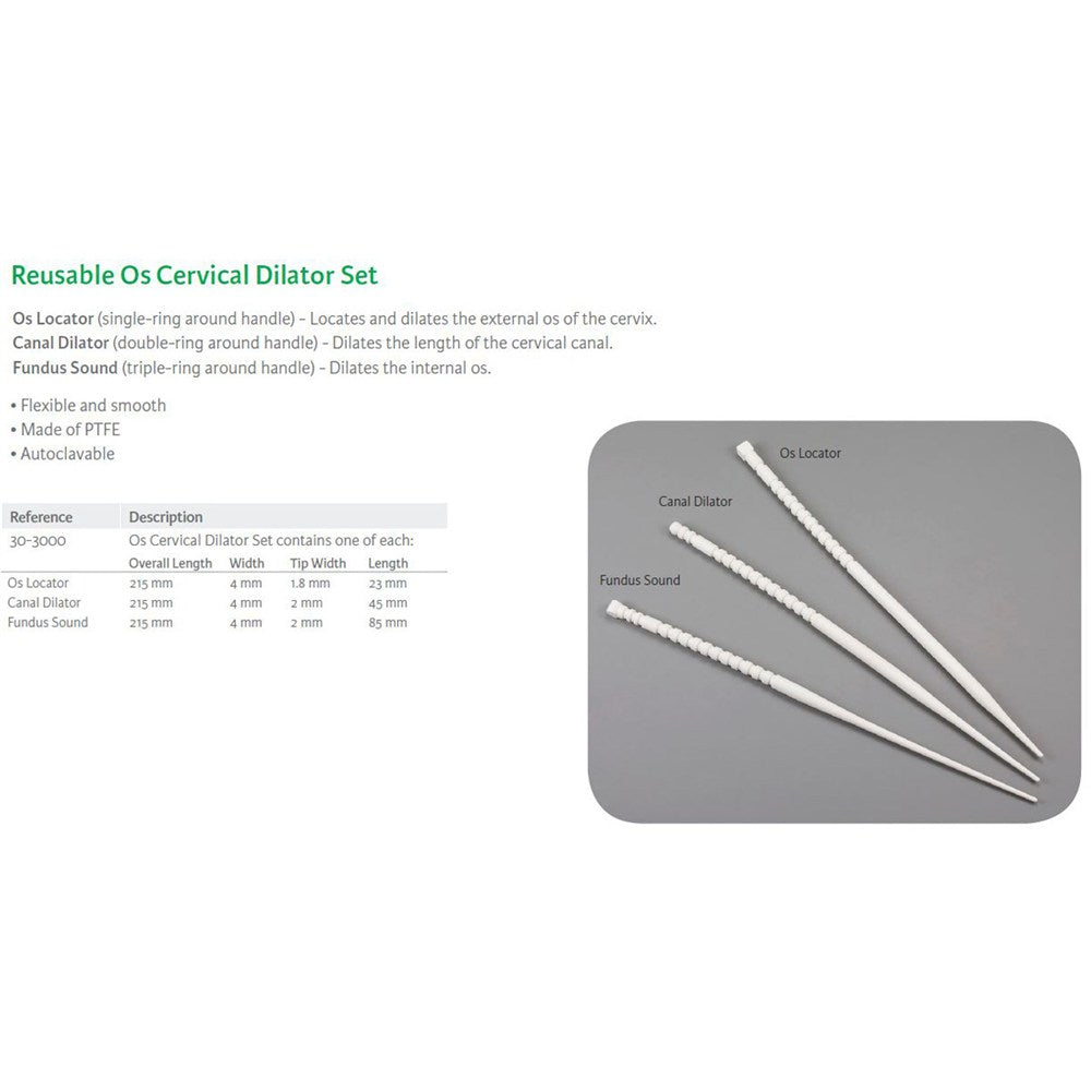 MILTEX Reusable Cervical OS Dilator, Set of 3 contains 1 of ea: OS Locator, Canal Dilator, Fundus Sound, PTFE, 8-1/2" (215mm). MPN: 30-3000 - Image 2