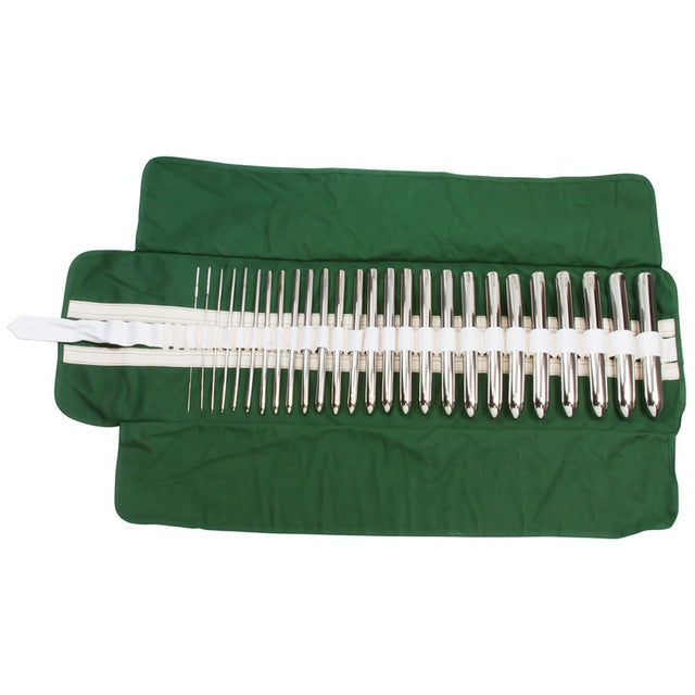 MILTEX HEGAR Uterine Dilators, 7" (17.8 cm), single end, set of 26 Dilators in Khaki Roll, sizes 1 to 26 mm. MPN: 30-520