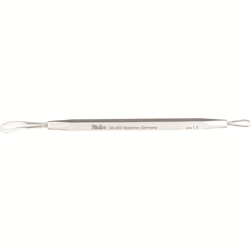 MILTEX Comedone extractor, 4-1/8" (105mm), double end, flat & wire expressor. MPN: 33-203