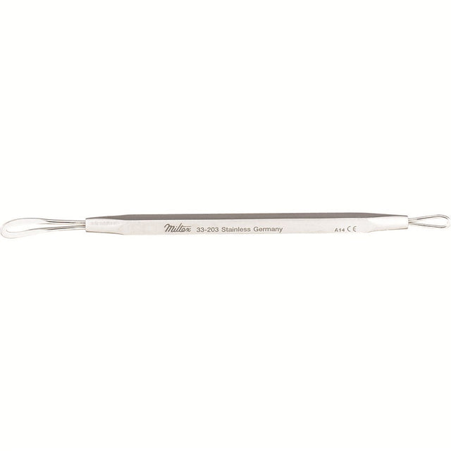 MILTEX Comedone extractor, 4-1/8" (105mm), double end, flat & wire expressor. MPN: 33-203