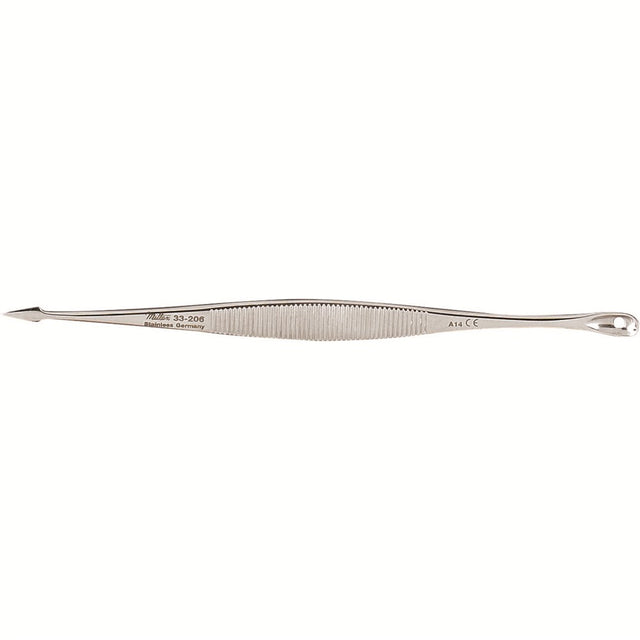 MILTEX SAALFELD Comedone Extractor, 4-1/4" (108mm), Double-Ended, Spoon End 4.6mm wide, Acne Lancet End 2.7mm wide. MPN: 33-206