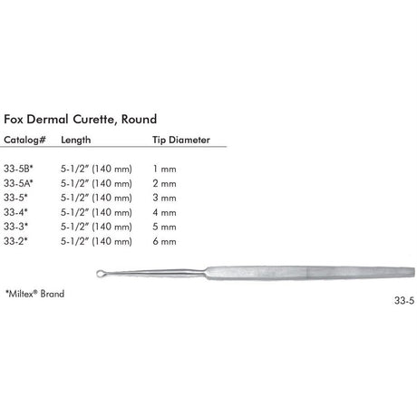 MILTEX FOX DERMAL Curette, 5-5/8" (142.5mm), round, 4mm diameter. MPN: 33-4 - Image 2