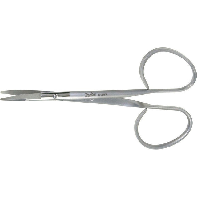 MILTEX KAYE Fine Dissecting (Blepharoplasty) Scissors, 4-1/4" (107mm), Curved, One Serrated Blade, ribbon type. MPN: 5-263