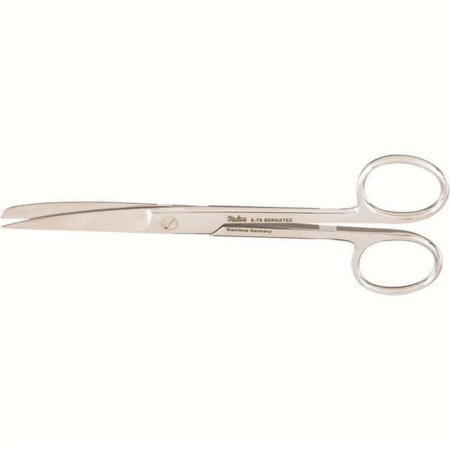 MILTEX Standard Pattern Serratex Operating Scissors, curved, 5-1/2", one serrated edge, sharp-blunt points. MPN: 5-76