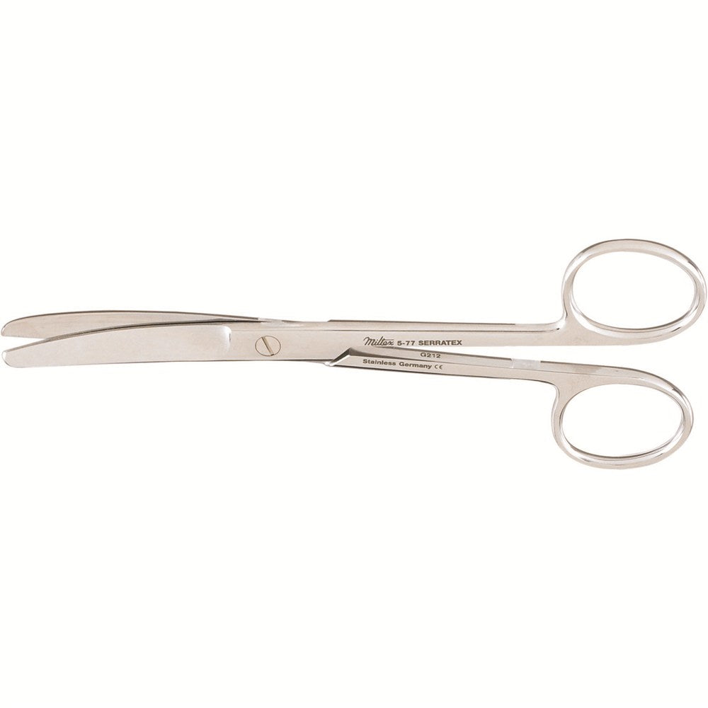MILTEX Standard Pattern Serratex Operating Scissors, curved, 5-1/2" (14cm), one serrated edge, blunt-blunt points. MPN: 5-77