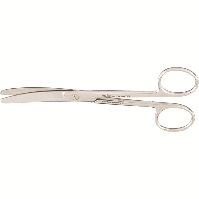 MILTEX Standard Pattern Serratex Operating Scissors, curved, 5-1/2" (14cm), one serrated edge, blunt-blunt points. MPN: 5-77