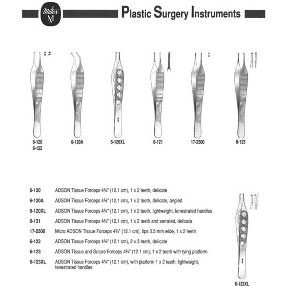 MILTEX ADSON Tissue Forceps, 4-3/4" (119.5mm), 1 x 2 teeth, lightweight fenestrated handles. MPN: 6-120XL - Image 4