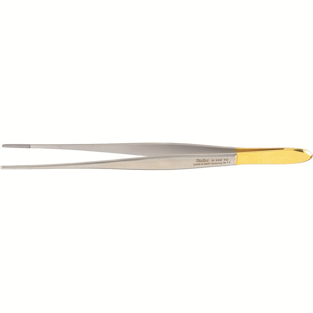 MILTEX CUSHING Dressing Forceps, 7" (17.8cm), Gutch handle, cross serrated tips, Carb-N-Sert. MPN: 6-166TC