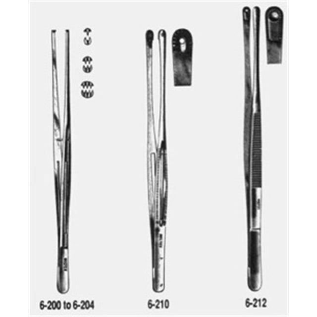 MILTEX KELLY Tissue Forceps 1 X 2 teeth, 9-3/4" (246.5mm), slotted Gutch handles. MPN: 6-200