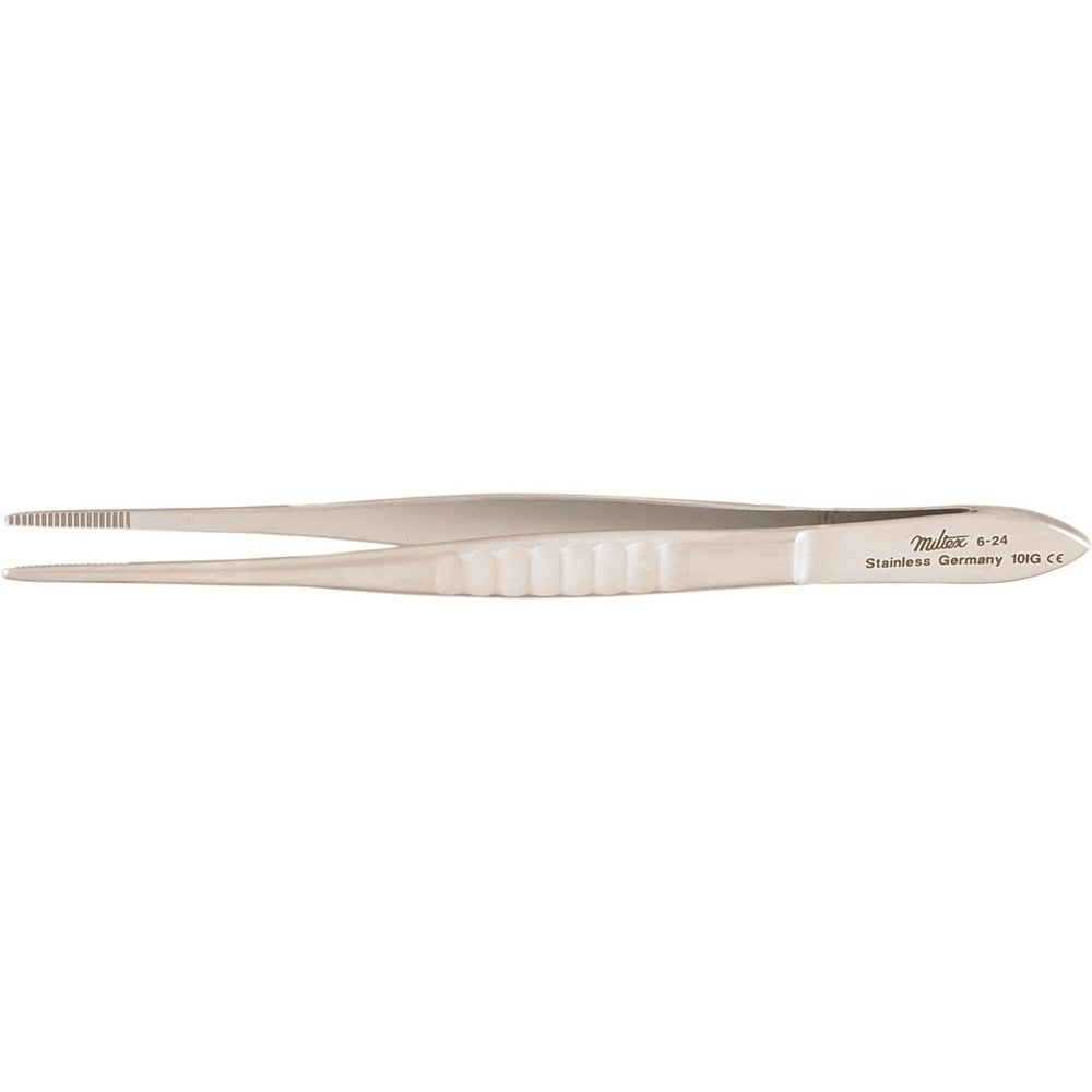 MILTEX Dressing Forceps, delicate pattern fluted handles, 4-5/8" (117mm), serrated tips. MPN: 6-24