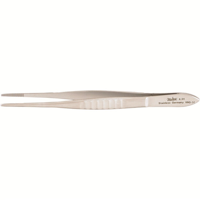 MILTEX Dressing Forceps, delicate pattern fluted handles, 4-5/8" (117mm), serrated tips. MPN: 6-24