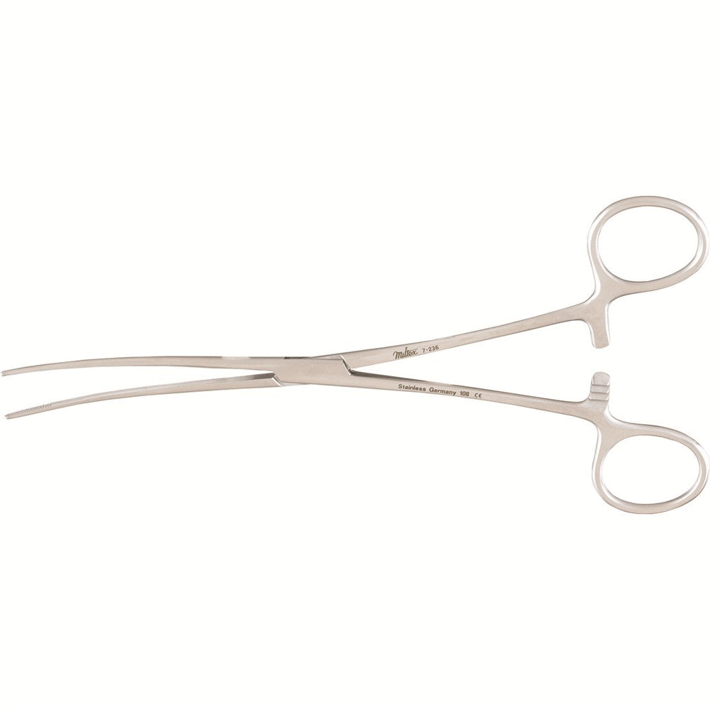 MILTEX BAINBRIDGE Forceps, 7-1/4" ( 18.4 cm), curved, longitudinal serrations, cross tip serrations. MPN: 7-236