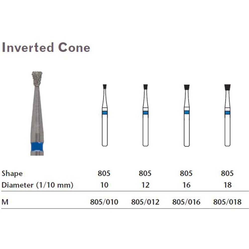 MILTEX Diamond Bur, Inverted Cone (805), Diameter= 10, Medium Grit, Blue Band. MPN: 805/010