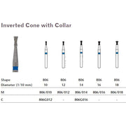 MILTEX Diamond Bur, Inverted Cone with Collar (806), Diameter= 18, Medium Grit, Blue Band. MPN: 806/018
