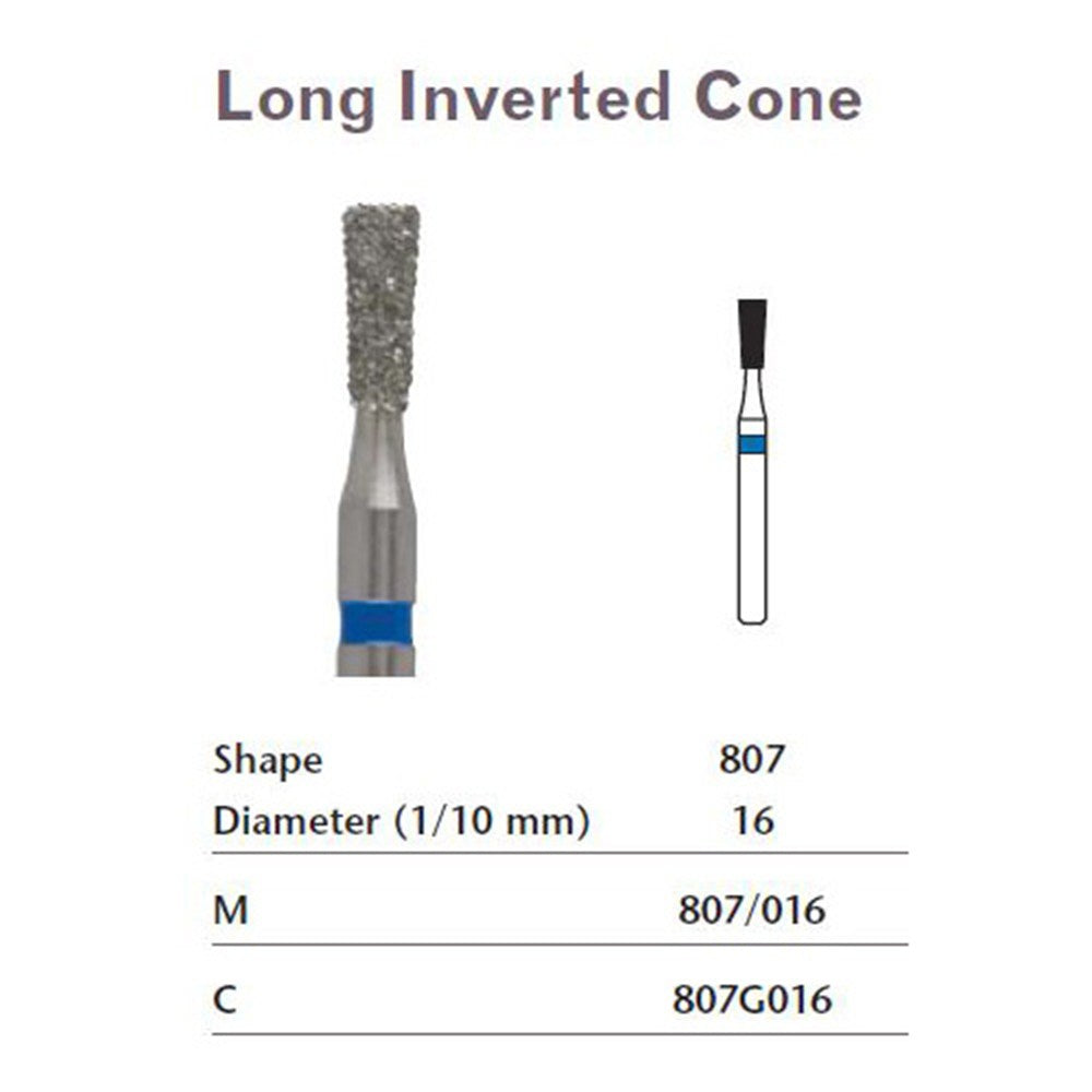 MILTEX Diamond Bur, Long Inverted Cone (807), Diameter= 16, Medium Grit, Blue Band. MPN: 807/016