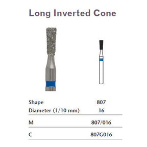MILTEX Diamond Bur, Long Inverted Cone (807), Diameter= 16, Medium Grit, Blue Band. MPN: 807/016